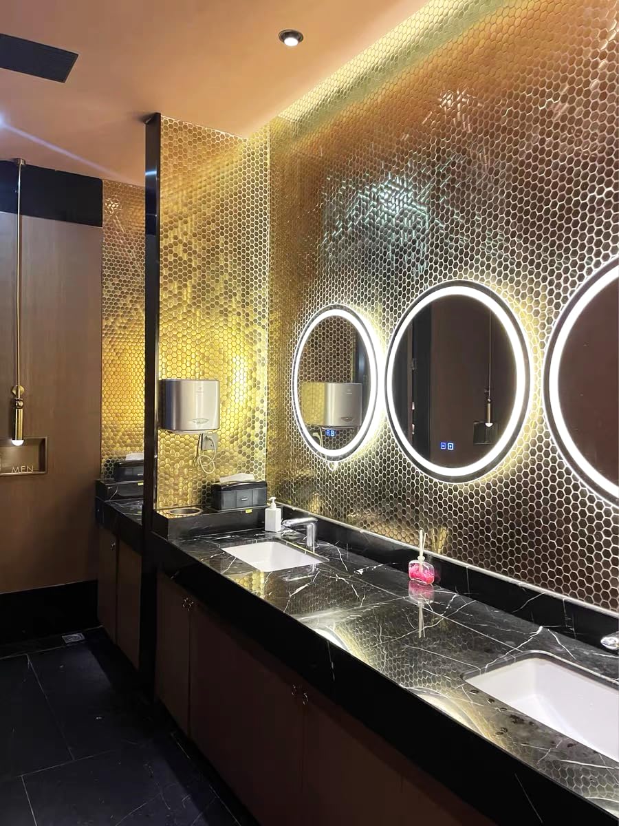 Primoon Hexagon Gold Backsplash Tile, Mosaic Sheets 12''x12'' Mesh Mounted Golden 1 Inch, Brushed Shiny Gold Tiles for Kitchen Bathroom Shower Wall Floor Accent Tile Hotel Lobby Décor【5 Sheets】