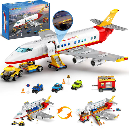 HOGOKIDS 2 Style City Airplane Building Set with LED Light - Plane Building Blocks Switch Passenger Cargo Projectile Toy with 3 Cars, Planes Model Toys Valentines Gifts for Kids Boys Girls Age 6-12+