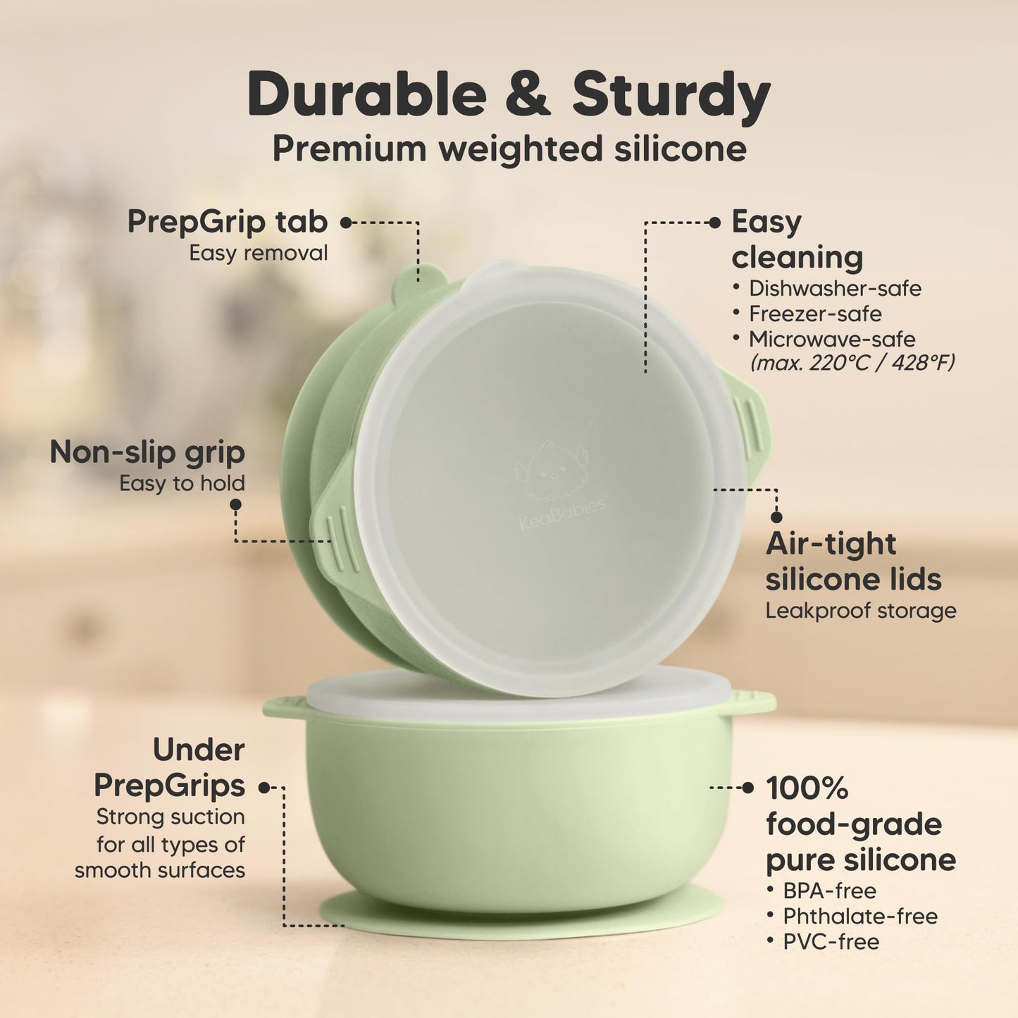 KeaBabies 2-Pack Baby Bowls with Suctions, Lids - Silicone Toddler Suction Bowls for Baby Boy, Girl, Kids, Food Grade Silicone, BPA-Free, Dishwasher Safe, Toddler Eating Essentials (Sage)