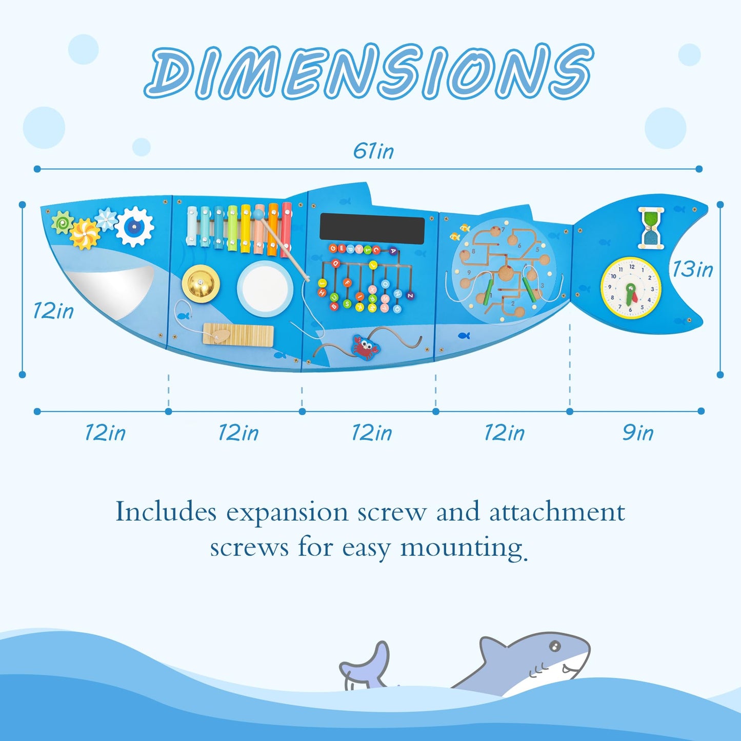 Shark Activity Wall Busy Board Panels,Busy Board for Toddlers Montessori Sensory Toys Wall Mount Wooden Learning Toy Ideal Furniture for Playroom & Children's Daycare