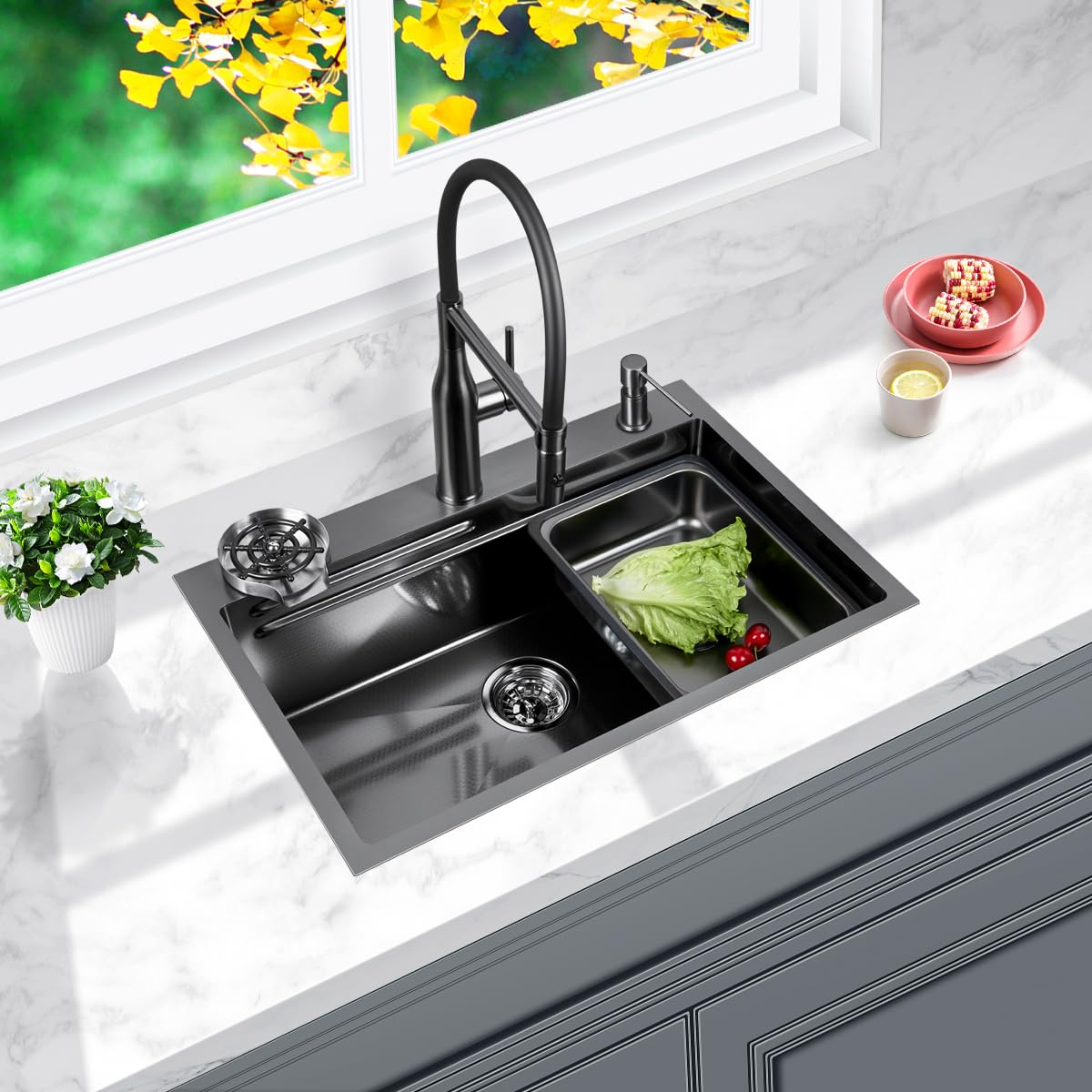 FRANIC 26" Handmade Black Bar Workstation Sink, 26" x 18" x 8" Stainless Steel Matte Nano Black Topmount Single Bowl Small Kitchen Outdoor Sink
