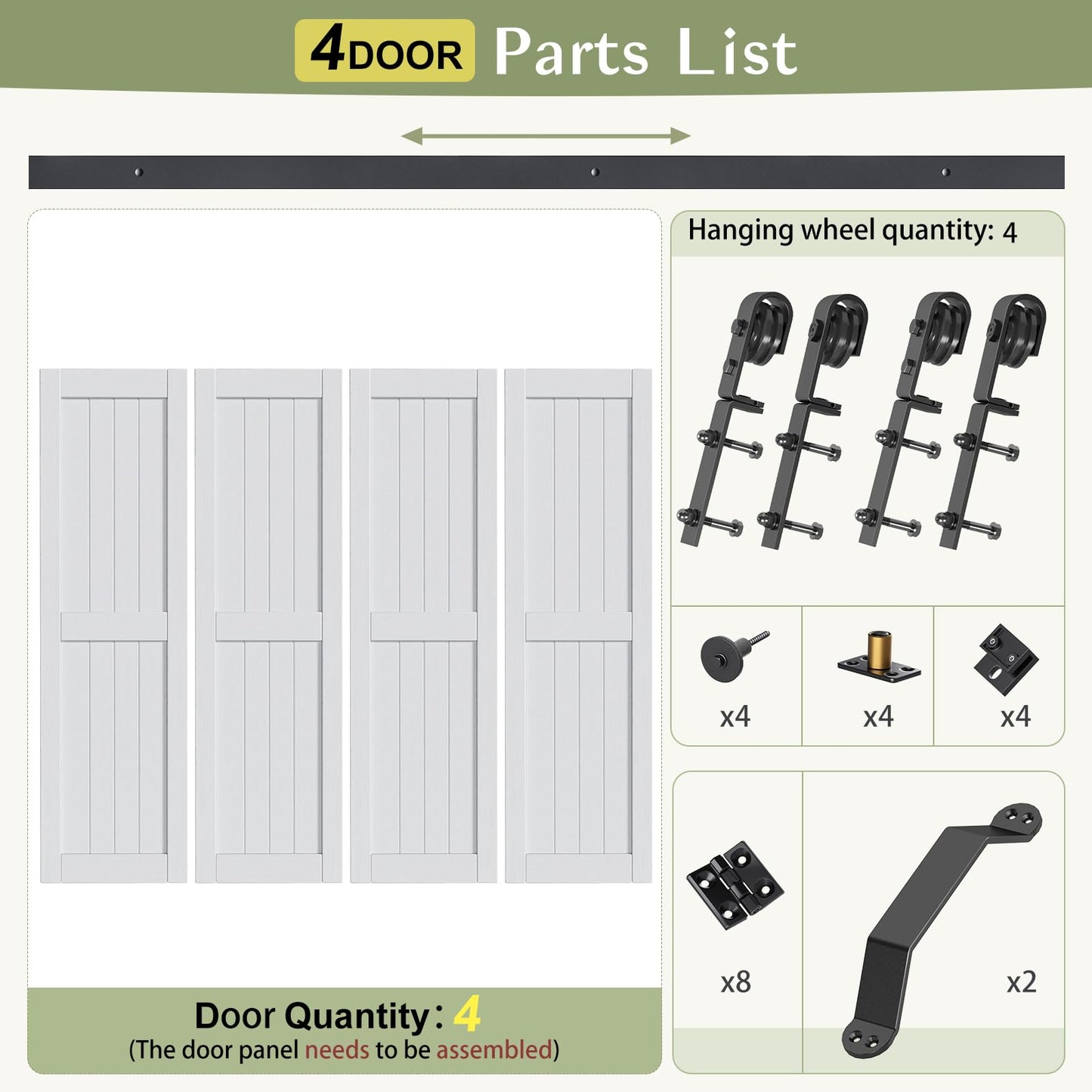 Finosen Bifold Barn Door 96 x 84 in (Four 24x84 Inch),Bi-fold Sliding Closet Doors with Hardware Track kit Included 8.6ft Rail for 4 Doors and Track Connector Black,DIY Assembly,Save Space.