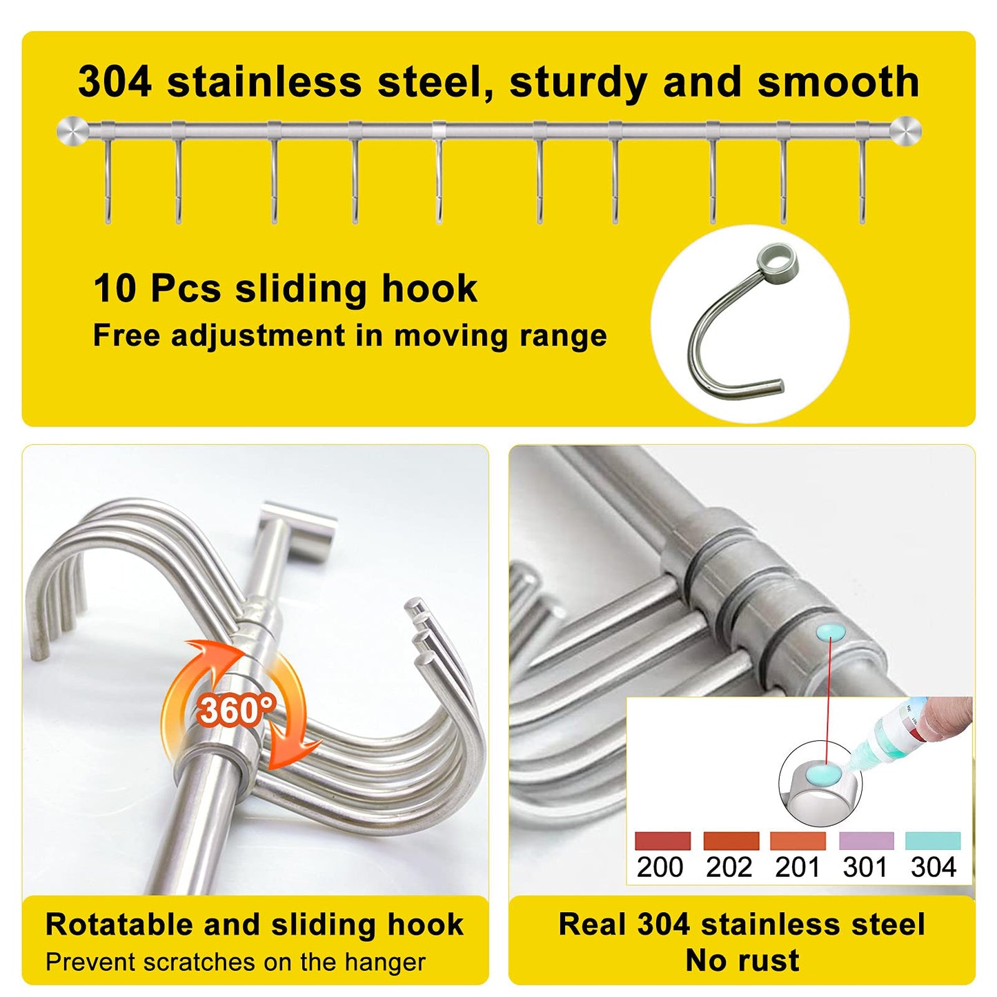 OKEPOO Kitchen Hanging Rack, 20 Inch Wall-Mounted Pot Holder with 10 Quiet Sliding Hooks, Rail Organizer Utensil Holder Bar for Cooking Spatulas Cups, Made of 304 Stainless Steel. (Silver)