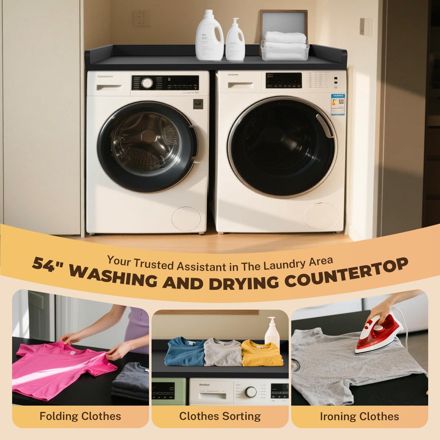 FAHKNS Washer Dryer Countertop - 54" Wood Laundry Washer Dryer Topper with Anti-Slip Mat, Waterproof Laundry Room Organization, Elegant & Space-Saving, Black