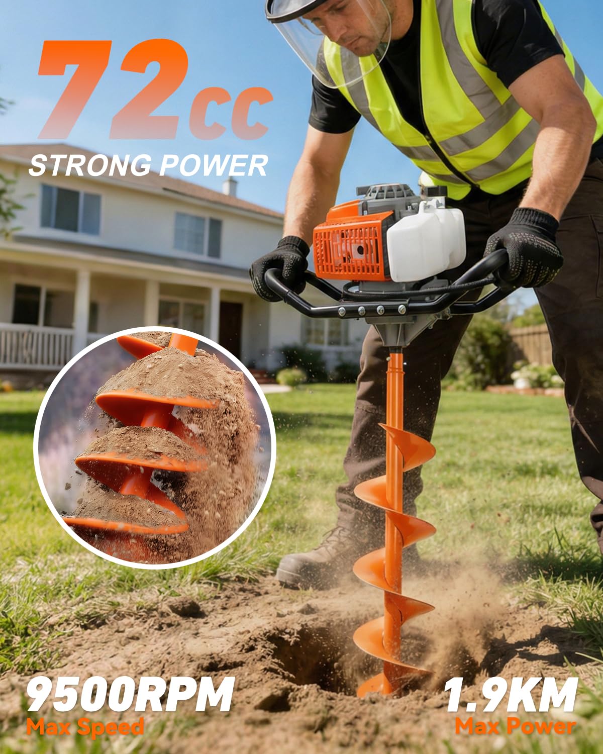 NEO-TEC 72CC Post Hole Digger Auger Drill Gas Powered 2-Stroke & 6" 10" Drill Bits + 1 Extension Bar, Earth Auger Petrol Drill Borer for Garden Lawn Auger Drill Bit for Planting