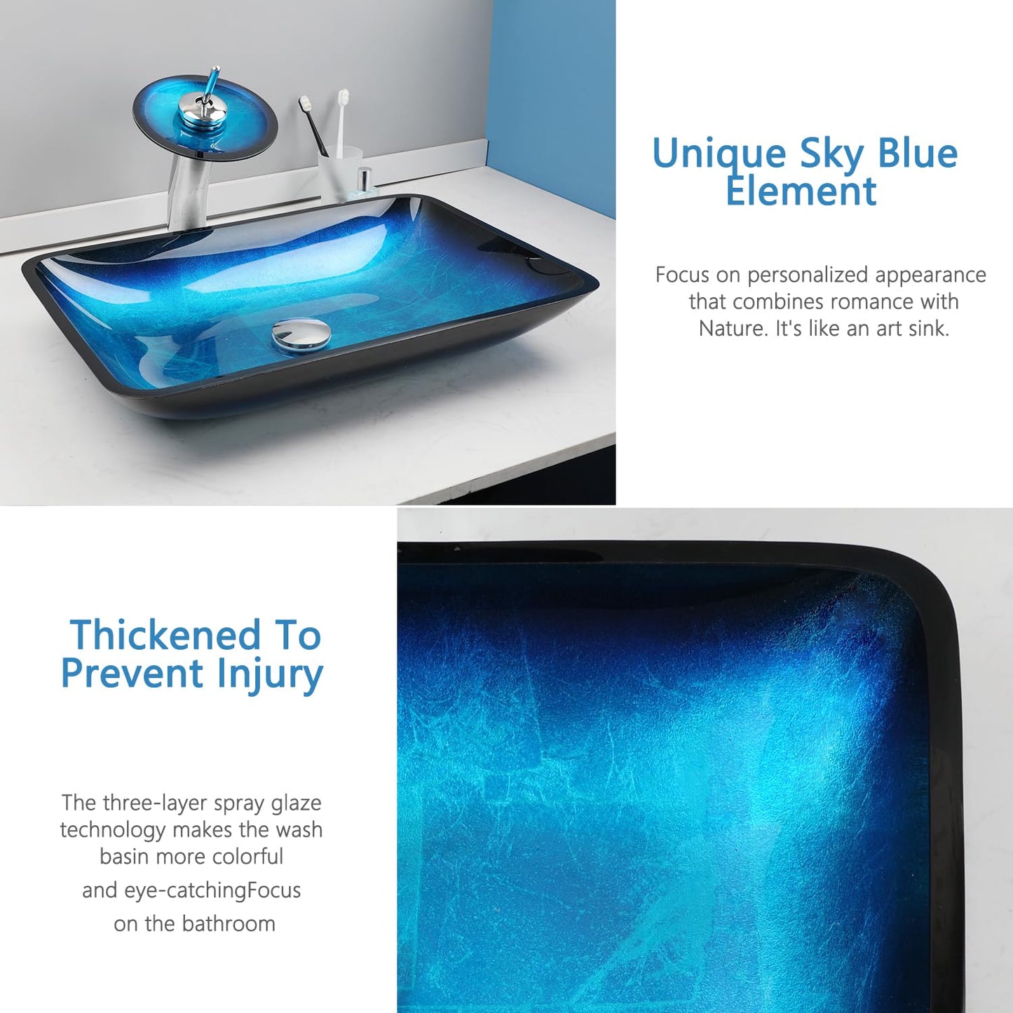 Washly 22" Blue Bathroom Vessel Sink,Rectangle Tempered Glass Washing Sink Bowl with Faucet And Drain, Artistic Bowl Sinks for Bathroom