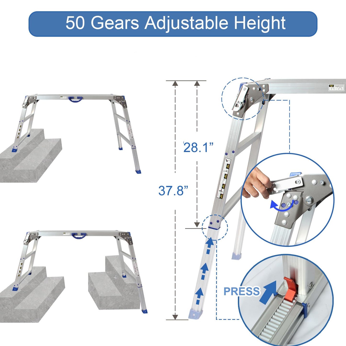 LEADALLWAY Work Platform 39"x12",50 Gear Adjustable Height 25 to 35 inches Portable Folding Aluminum Step Ladder of Capacity 330 Lbs Heavy Duty