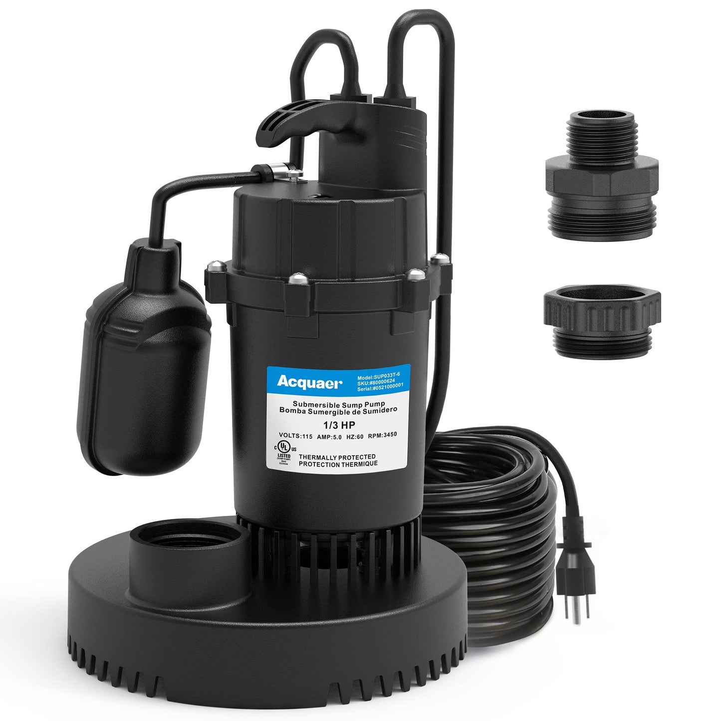 Acquaer Sump Pump Submersible Clean/Dirty Water Pump with Adjustable Float Switch for Garden Pool, Basement, Flooded House, Hot Tub and Irrigation, 1/3HP 3040GPH