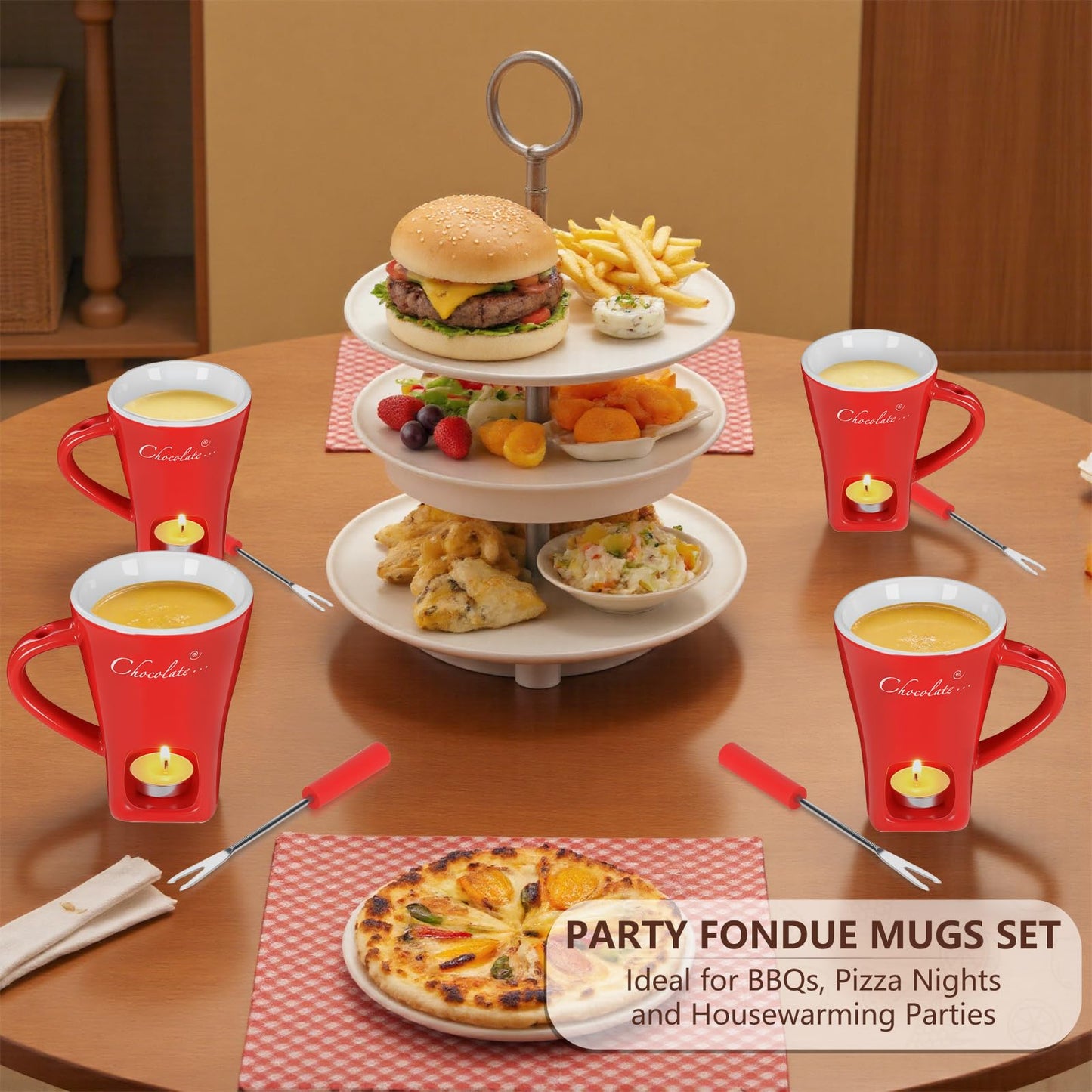 Fondue Pot Cup Set, Chocolate Melting Fondue Mugs 2 Pack with 4 Forks & 8 Tealights, Mini Red Ceramic Fondue Set for Cheese, Marshmallows, Sweet Fondue Cup for Date Night Party Wedding or Holiday Gift