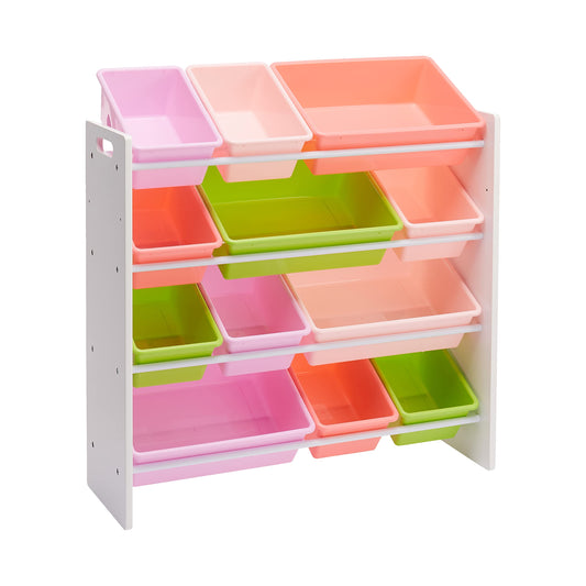 Amazon Basics Kids Toy Storage Organizer with 12 Plastic Bins, White Wood with Pink Bins, for Bedroom and Playroom, 33.85"D x 12.79"W x 35.42"H