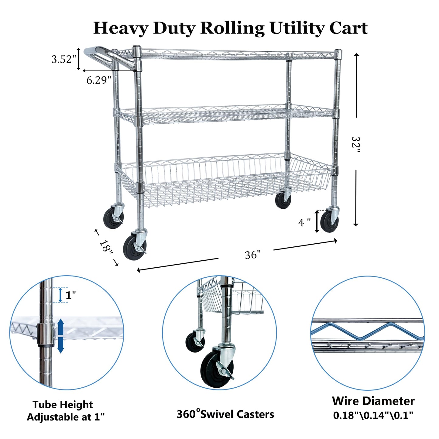 Sailret 36" Wx18 D Commercial Grade Rolling Utility Cart, 3 Tiers Metal Kitchen Utility Cart with Wheels for Restaurant, Office & Home, Storage Trolley with 105 mm Deep Basket, Wire Food Service Cart