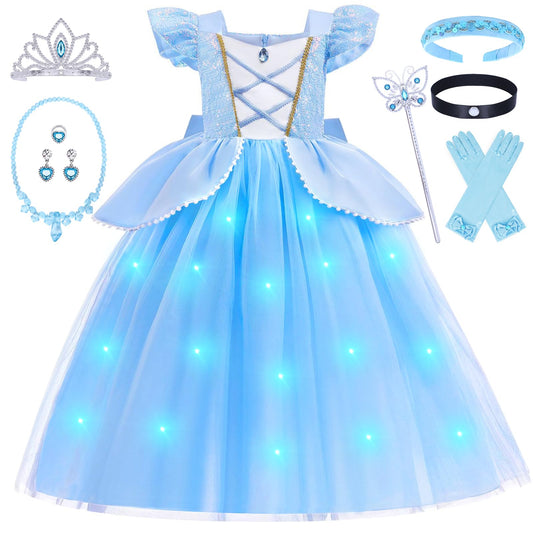G.C 11PCS Light Up Cinderella Costume Dress for Girls Kids Princess Dress Up Clothes with Crown Wand Earrings Necklace Gloves Toys Accessories Halloween Cosplay Outfit for Little Girls Toddlers