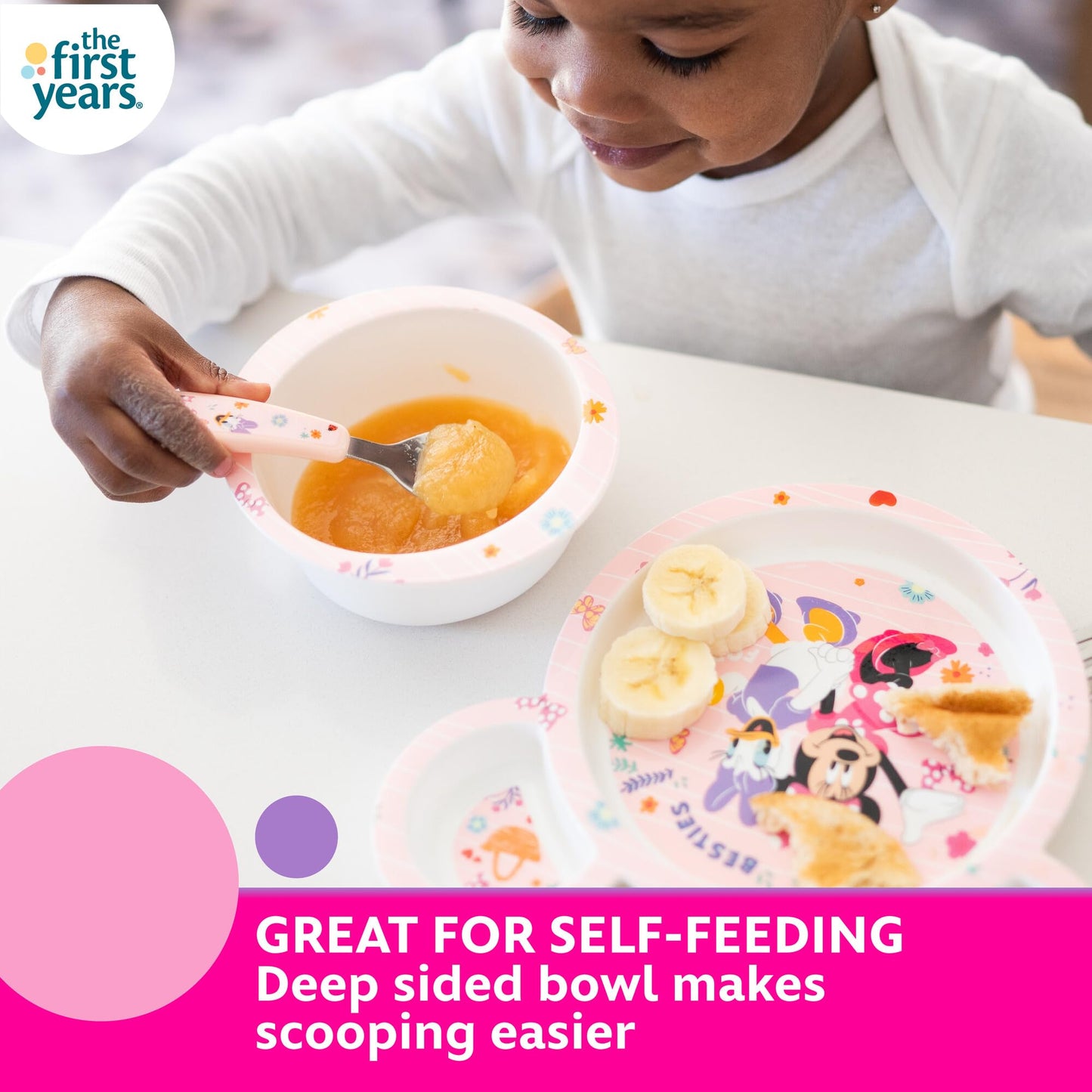The First Years Disney Minnie Mouse Kids Dinnerware Set - Includes Toddler Plate, Bowl, Fork, and Spoon - Baby Led Weaning Supplies - 4 Count- Ages 9 Months and Up