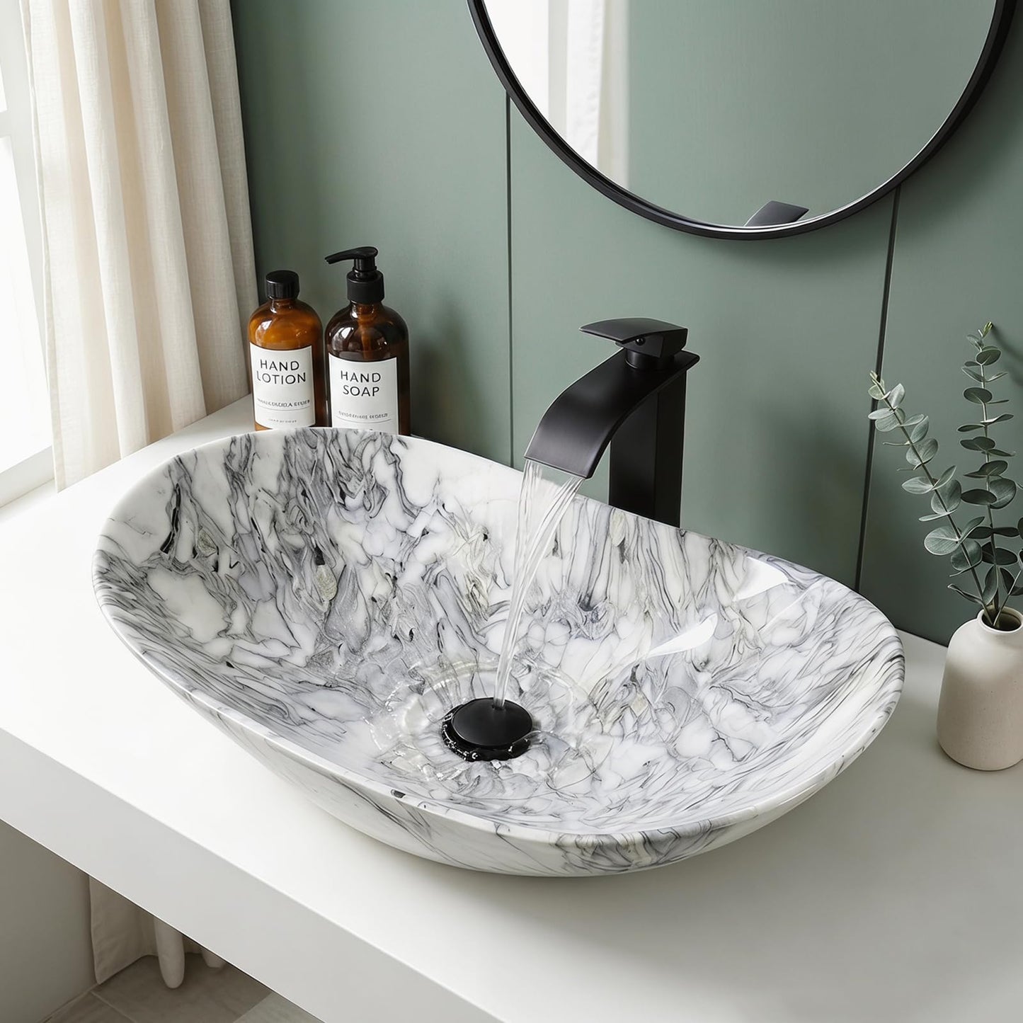 Zoyueyu 24x14 Inch Vessel Sink with Waterfall Faucet and Pop-up Drain Marbling Bathroom Sinks Ceramic Above Counter Bowl Sink Oval Bathroom Sink Porcelain