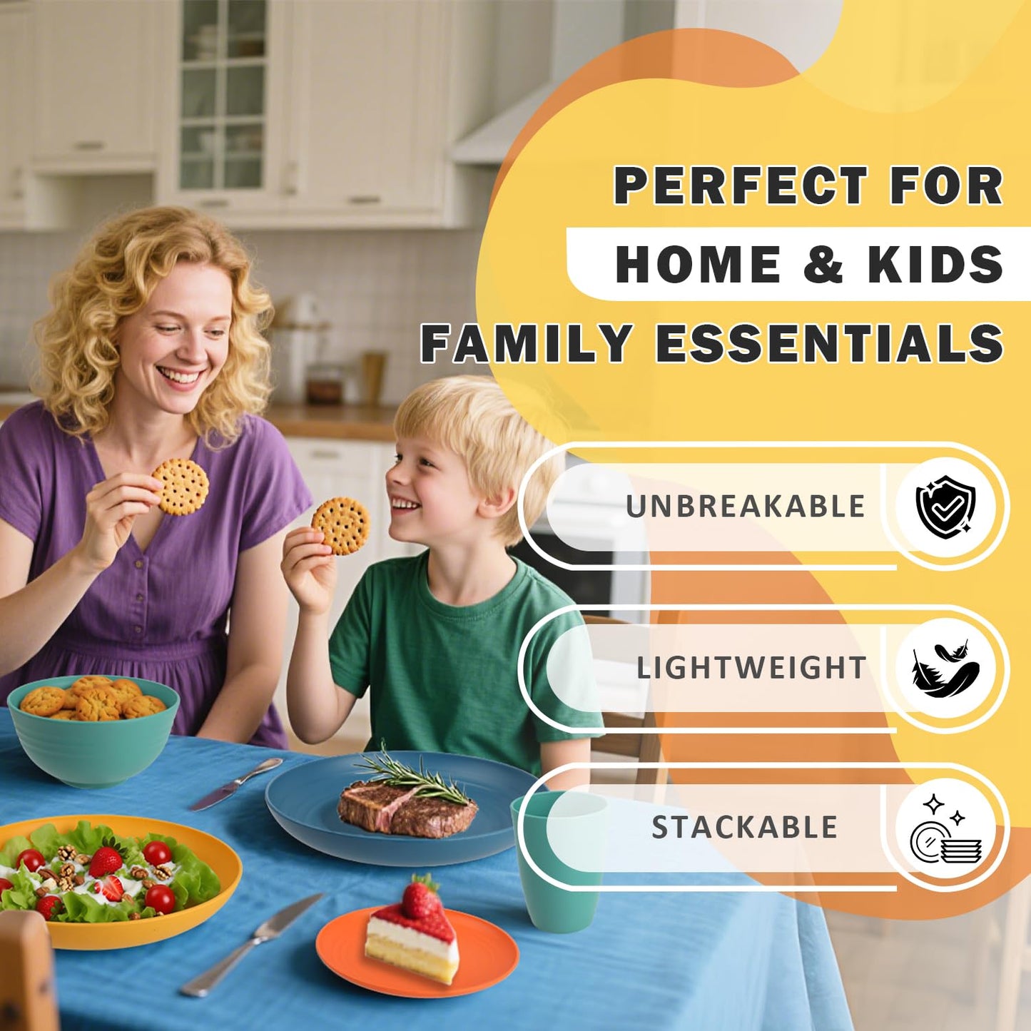 Perlapoc Wheat Straw Dinnerware Sets, Plates and Bowls Sets Unbreakable & Microwave Safe - 32 Piece Service for 8 Dinner Plate Dessert Plate Cereal Bowl Cup for Kitchen & Outdoor - Multi