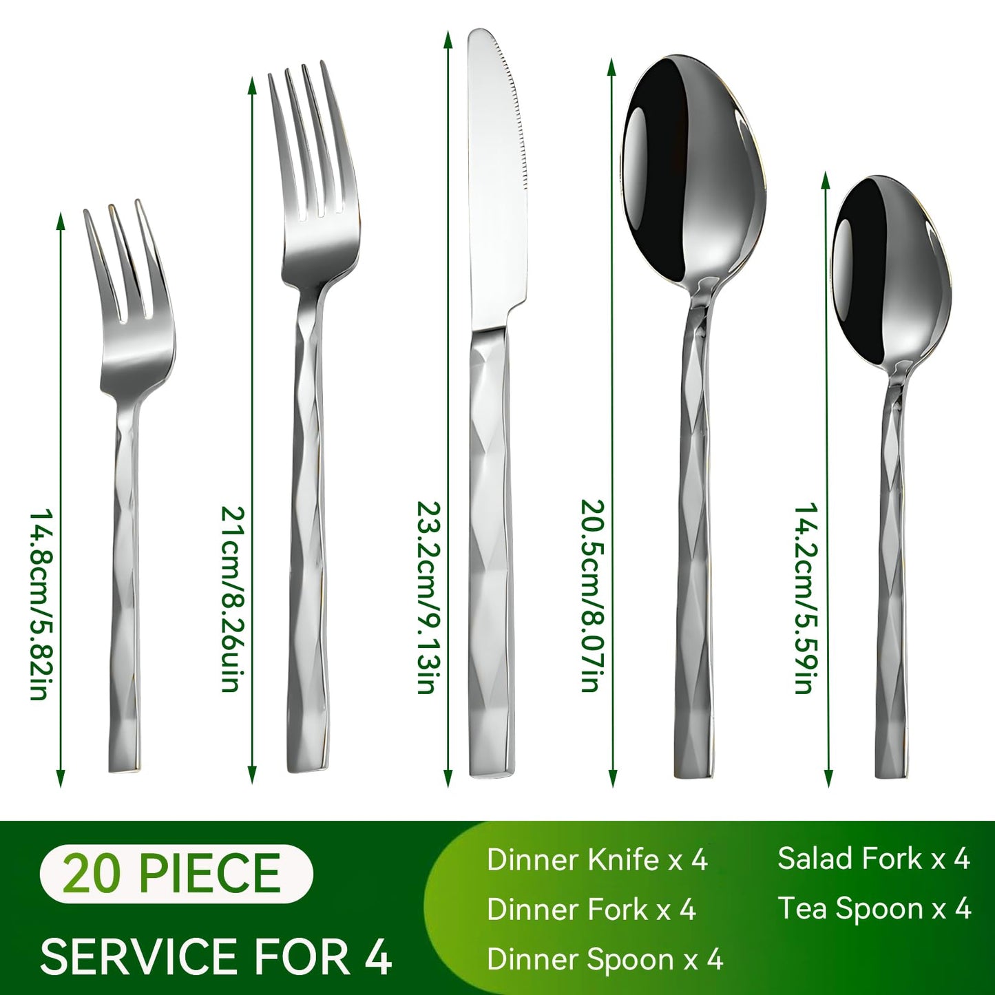 20 Piece Silverware Set, Stainless Steel Flatware Sets for 4, Mirror Polished Modern Design Cutlery Utensil Sets Include Dinner Knives Spoons and Forks for Home, Restaurant (Silvery-Diamond)