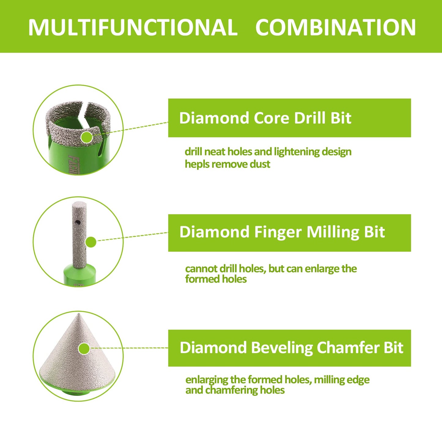 FACHLICH MINLAYCUT Diamond Core Drill Bits Set - 10pcs Tile Hole Saw Kit 6/8/10/25/35/50/65mm with 2" Diamond Beveling Chamfer Bits for Porcelain Ceramic Tile Granite Marble