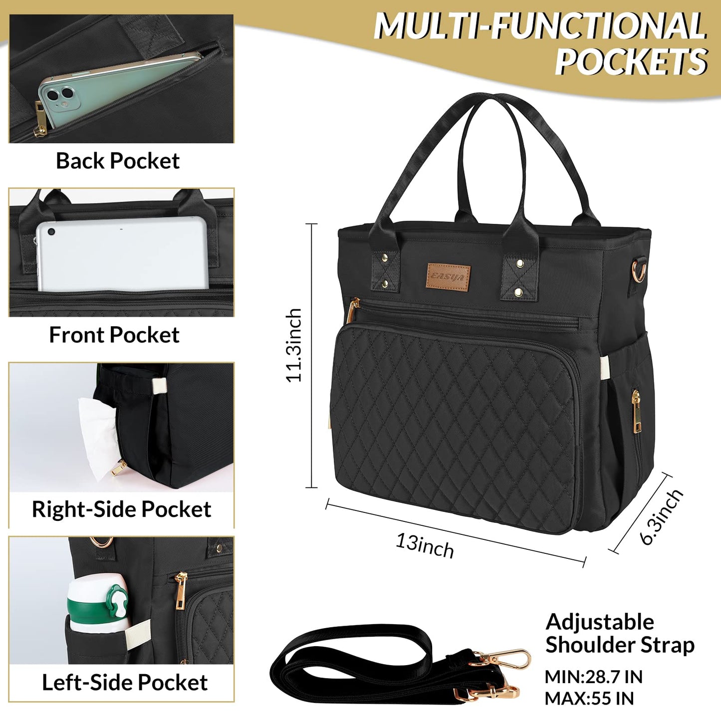 EASYA Large Insulated Lunch Bag for Work, Women's Nylon Thermal Lunch Box, Leakproof Cooler Tote Bag with Storage Pocket (Black)