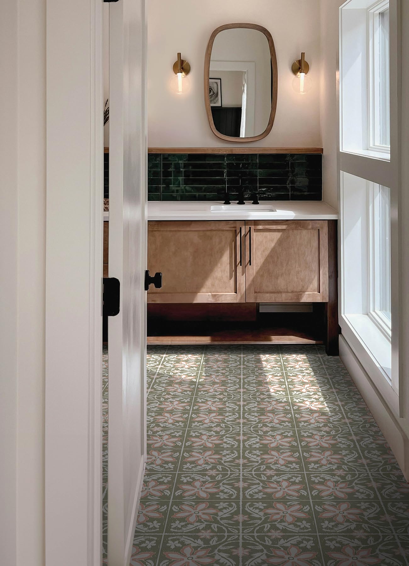 FloorPops Lillium Green Peel and Stick Floor Tiles, Green Floral Removable Vinyl Flooring, Self Adhesive Floor Tiles for Kitchen Bathroom Entryway