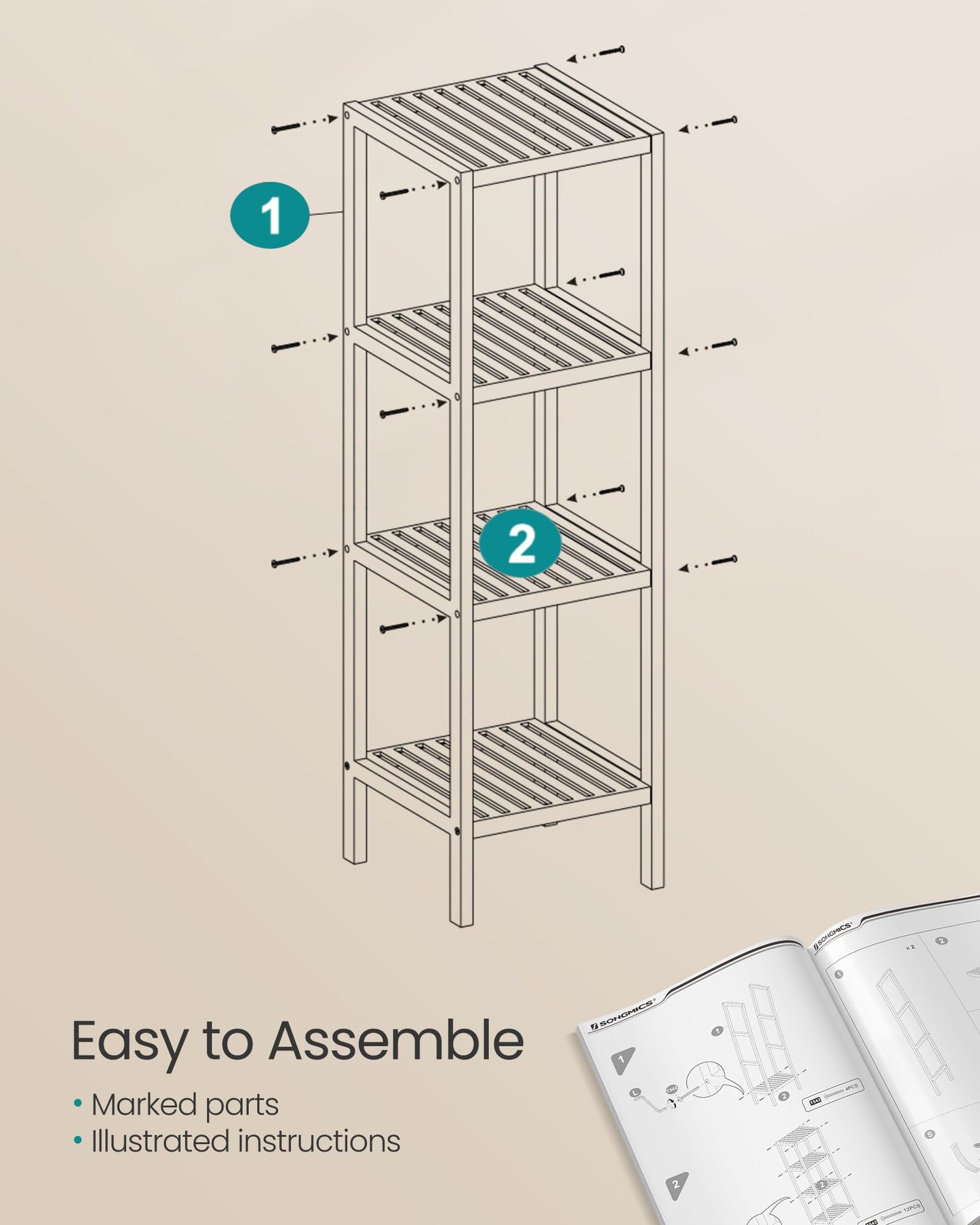 SONGMICS 4-Tier Bamboo Shelf, Narrow Bathroom Shelf, Standing Towel Rack, Corner Rack, for Kitchen, Living Room, Bedroom, Entryway, Bathroom, Natural UBCB54Y