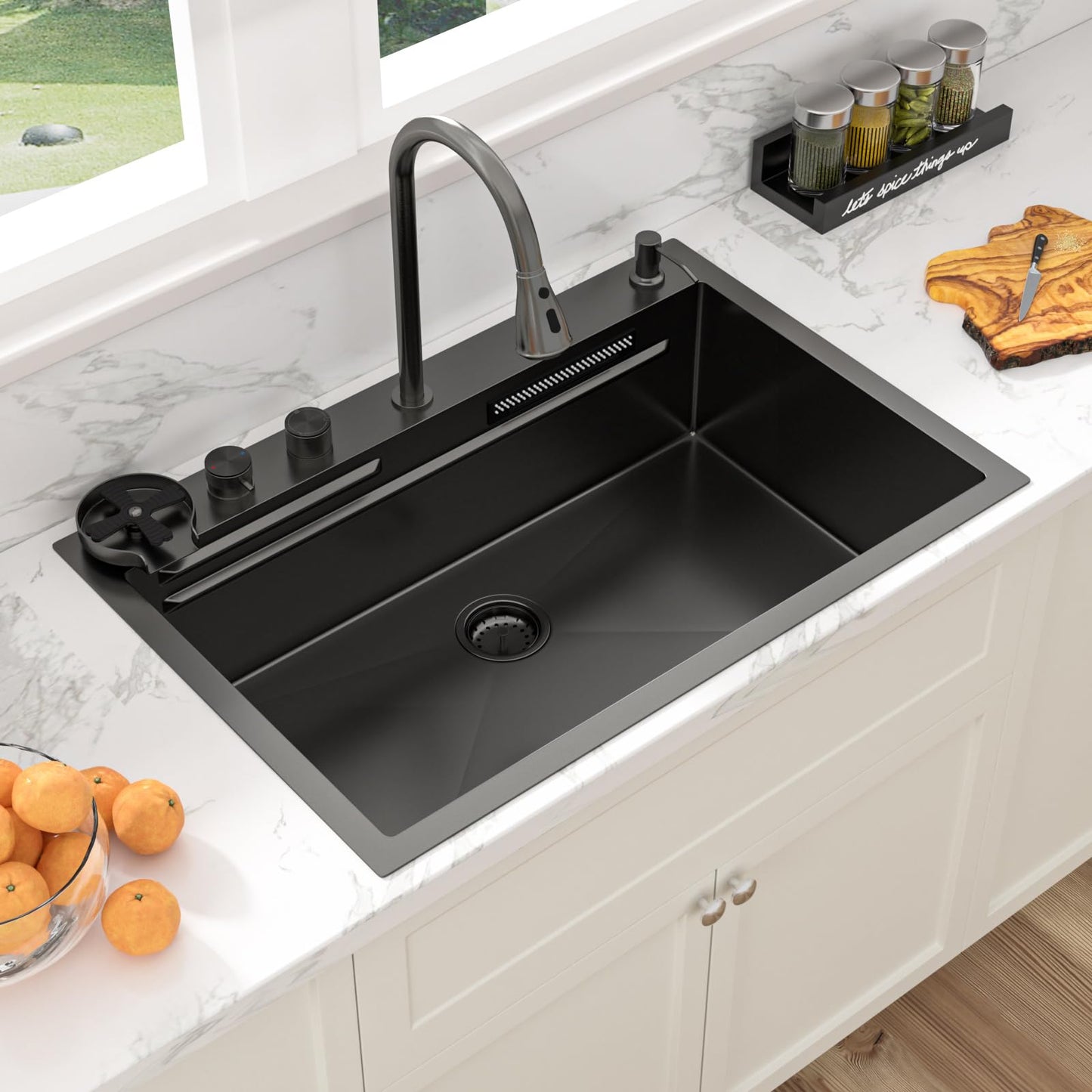 Sarlai Waterfall Kitchen Sink 30 Inch Black Drop In Kitchen Sink Topmount 16 Gauge Stainless Steel 30x22 Inch Single Bowl Multifuction Workstation Top Mount Sinks with Double Knob