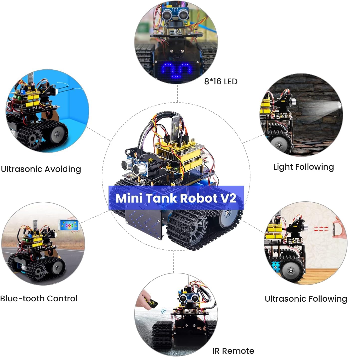 KEYESTUDIO Mini Tank Kit V2 Smart Car for Arduino, IR Infrared and App Remote Control (iOS and Android), Light and Ultrasonic Follow, 8X16 LED Panel, Ultrasonic Obstacle Avoidance,15+