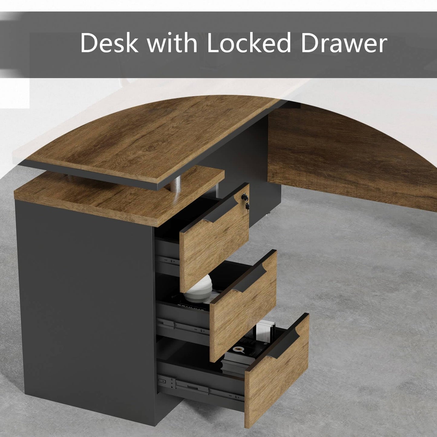 63 Inch L-Shaped Executive Desk Set of 2, Industrial Modern Wood Office Desk with 3 Drawers, Built-in Cable Management & Power Outlet, Real Wood Finish, Reversible Left/Right Return Home Workstation