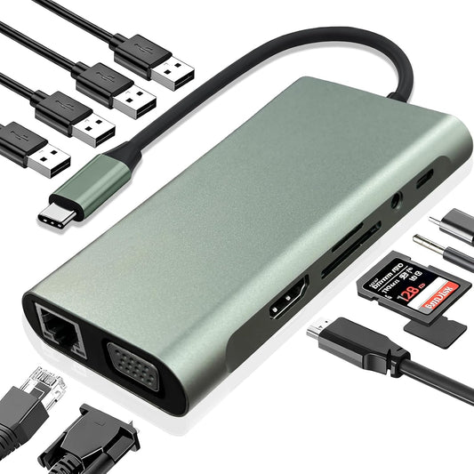 Vrebrey 11-in-1 4K 100W 3.0, RJ45 USB C Hub Docking Station, Type-C Multiport Adapter with HDMI, VGA, PD, USB Ethernet