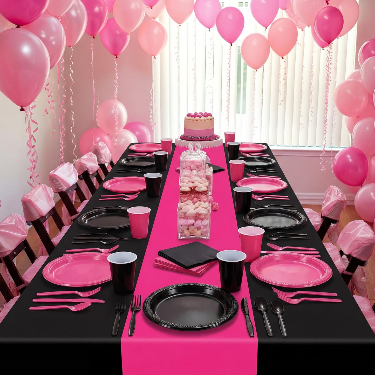 Uiifan 194 Pcs Plastic Plates Party Set Disposable Tableware Set for 24 Guests with Plastic Plates Spoons Forks Knives Cups tablecloth Napkins for Graduation Birthday Wedding Party(Hot Pink,Black)