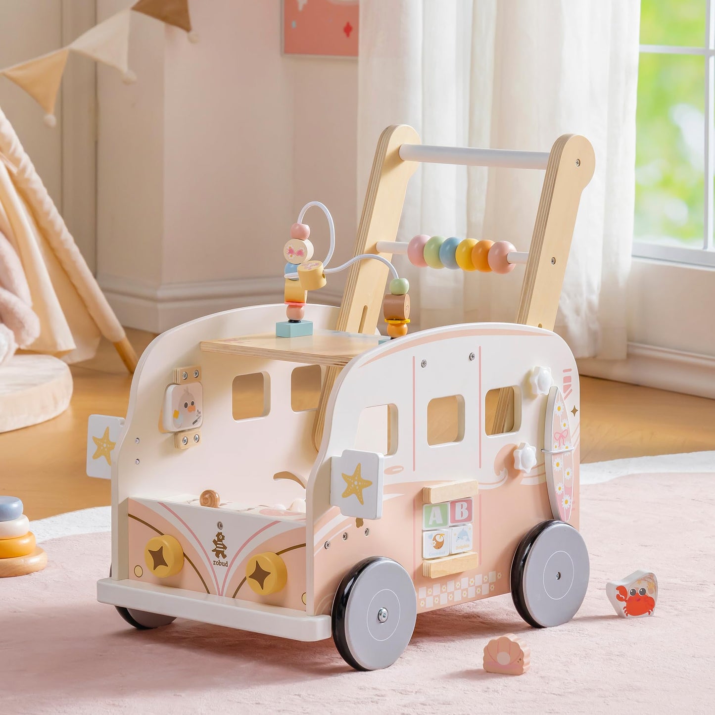 ROBUD Wooden Baby Walker, Height & Speed Adjustable Baby Push Walker with Anti-Slip Wheels, Developmental Activity Center with Ocean Vacation Theme, Wooden Walkers for Babies Learing to Walk，Pink