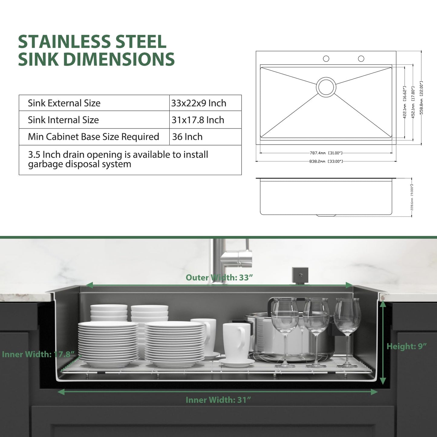 Couoko 33x22 Black Drop In Kitchen Sink Workstation 16 Gauge Stainless Steel Single Bowl Drop Kitchen Sinks Nano PVD Gunmetal Black Handmade Large Deep Topmount Sinks, 33x22x9 Inch