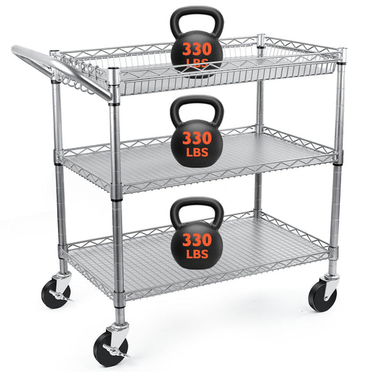 BolDuck Heavy Duty Utility Cart, 990Lbs Capacity 3 Tier Rolling Carts with Wheels, Kitchen Cart on Wheels with Storage, Commercial Grade Metal Serving Carts with Wire Shelving &Handle Bar, Silver