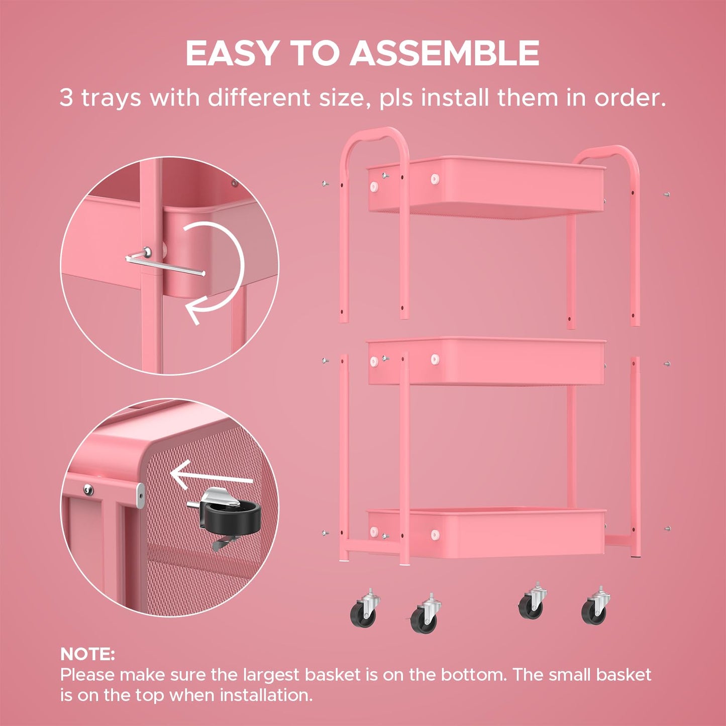 MAX Houser 3-Tier Rolling Utility Cart with Caster Wheels,Easy Assembly, for Kitchen, Bathroom (Pink)