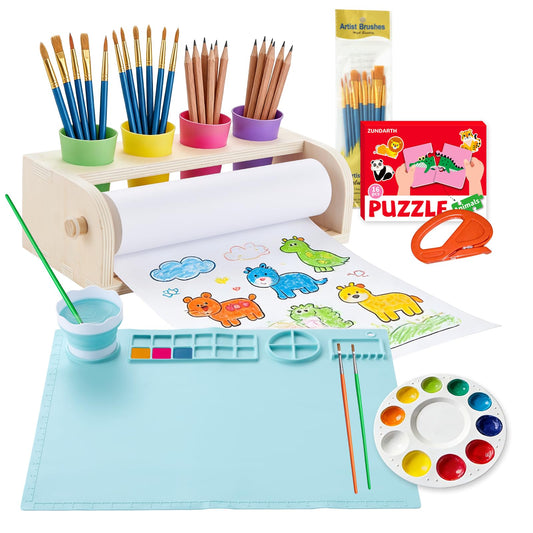 YOKUGO Kids Art Easel with Paper Roll, Desktop Painting Easel Wooden Tabletop Paper Roll Dispenser with Blue Silicone Painting Mat & Puzzle, Table Top Art Kit for Kids & Toddlers