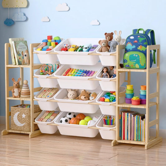 Dclavy Toy Storage Organizer with Bookshelf for Kids, Large Wooden Shelf with 12 Storage Bins & 6 Shelves, Toy Box Organization for Kids Rooms, Playroom, Nursery and Living Room