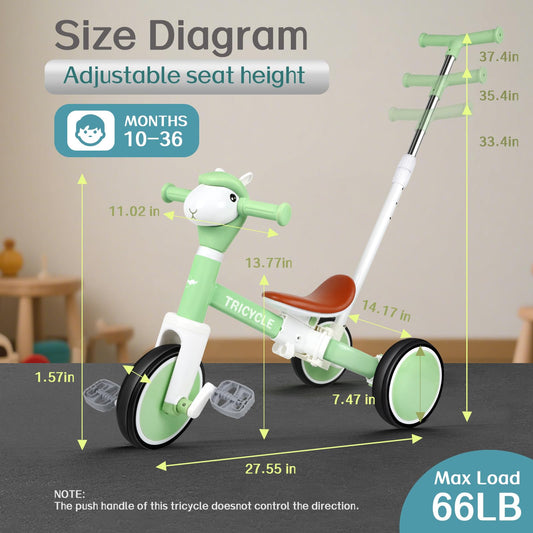 Tricycle for Toddlers 1-3 Year Olds, 5 in 1 Toddler Balance Bike 2-4 Years Old Boys Girls, Push Trike Toys with Adjustable Handle, Birthday Gifts for 2 3 4 5 Year Old Kids Bike (Light Green)