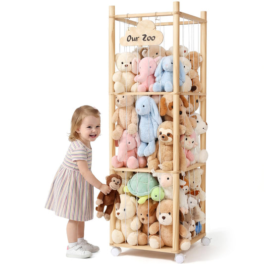 Little Dove Stuffed Animal Storage, Wooden Stuffed Animal Zoo with Brake Wheels, Large Capacity Stuffy Plushies Storage, Space Save Toy Organizer for Nursery Playroom Kidroom Bedroom, 54 Inch