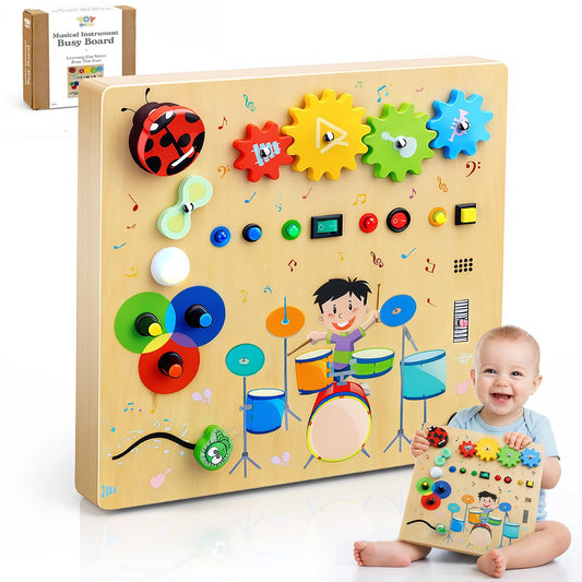 TOY Life Montessori Wooden Busy Board for Toddlers, Baby Fidget Boards with LED Light Switches, DJ Music Game, 4 Gears, Sensory Toys Light Switch Travel Toys for 1+ Year Old Baby and Toddler