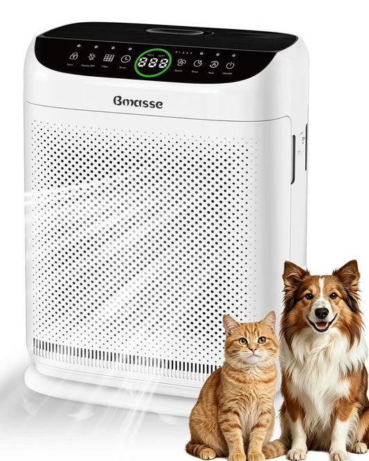 Bmasse Air Purifiers for Home Pets Large Room Up to 3000 Ft²,HEPA Air Cleaner with Washable Double-Side Filter, PM2.5 Air Quality Monitor,Remote Control,Sleep Mode for Bedroom Odor Dust Pollen,White