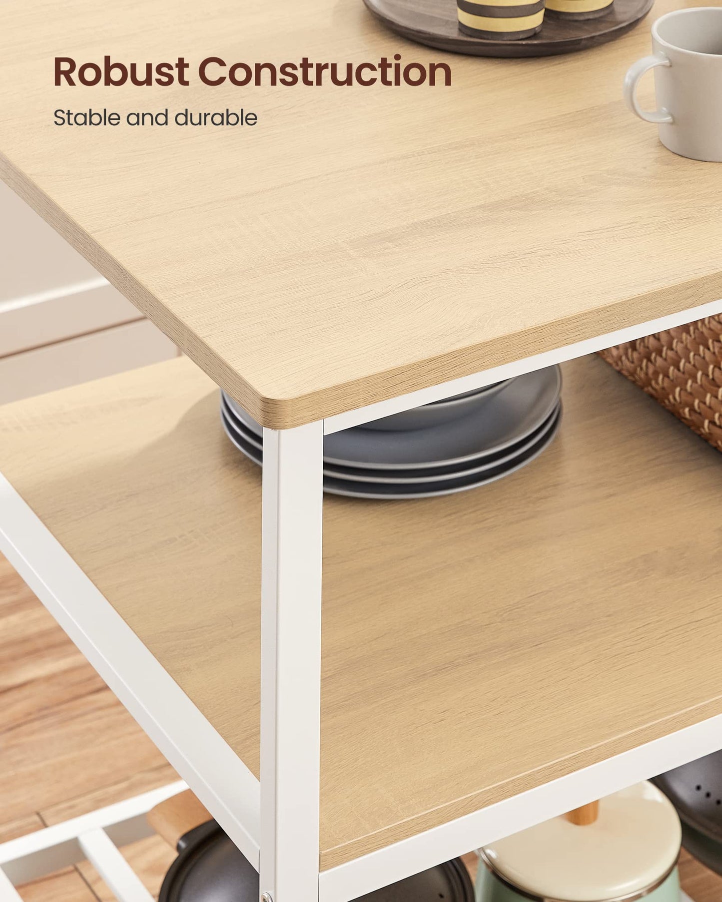 VASAGLE Kitchen Island with 3 Shelves, 47.2 Inches Width Kitchen Shelf with Large Worktop, Stable Steel Structure, Industrial, Easy to Assemble, Oak Color and White UKKI001W09