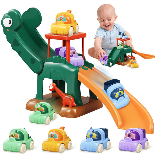 CRATIVWOOD Dinosaur Car Ramp Slide Toy for Toddlers — 4 Push Cars with Race Track, Baby Slide Indoor Toy, Montessori Learning Birthday Gift for Boys Girls 1 2 3 Year Old (Green)