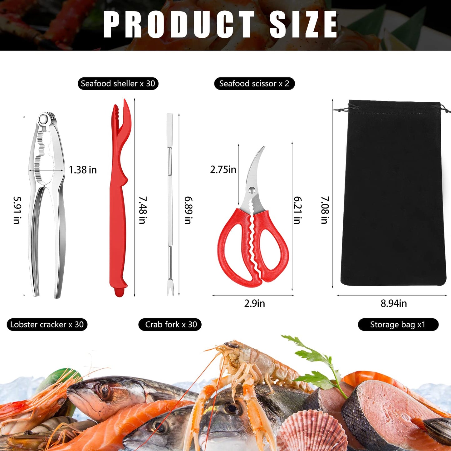 Jutom 93 Pcs Crab Crackers and Tools Set Seafood Tool with 30 Crackers, 30 Leg Forks, 30 Lobster Shellers, 2 Scissors, and 1 Storage Bag, Nut Cracker Set for Shellfish Claw Seafood Boil Party Supplies