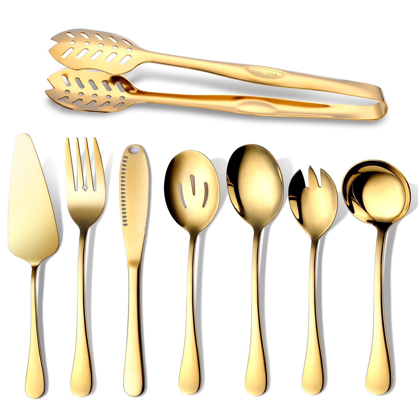 Gold Serving Utensils, OGORI 8-Piece Polished Stainless Steel Flatware Silverware Set Include Serving Spoon, Slotted Spoon, Cake Server, Soup Ladle, Fork, Salad Fork, Butter Knife, Serving Tong