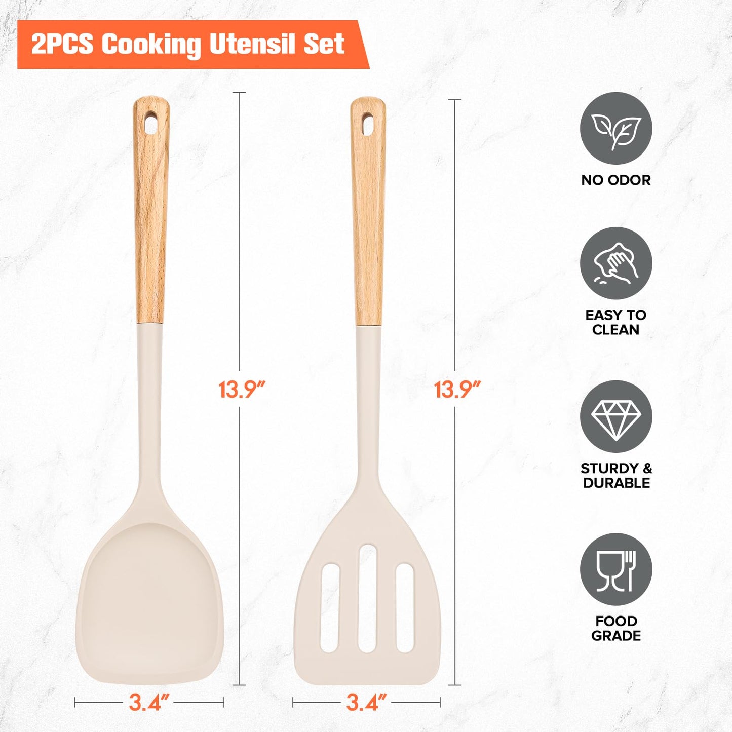 Silicone Cooking Spatula, Heat Resistant Solid Turner, Slotted Spatulas with Wooden Handle,Ideal Wood Kitchen Utensils Set for Frying, Baking, Flipping, Turning,Pack of 2 (Khaki)
