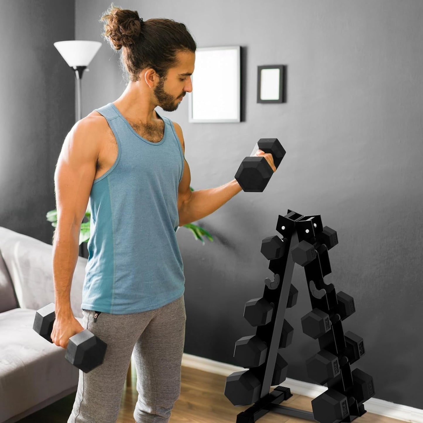 RitFit 780LBS (5-60LB) Rubber Coated Hex Dumbbell Weight Set with Rack for Home Gym, Strength Training, Workouts