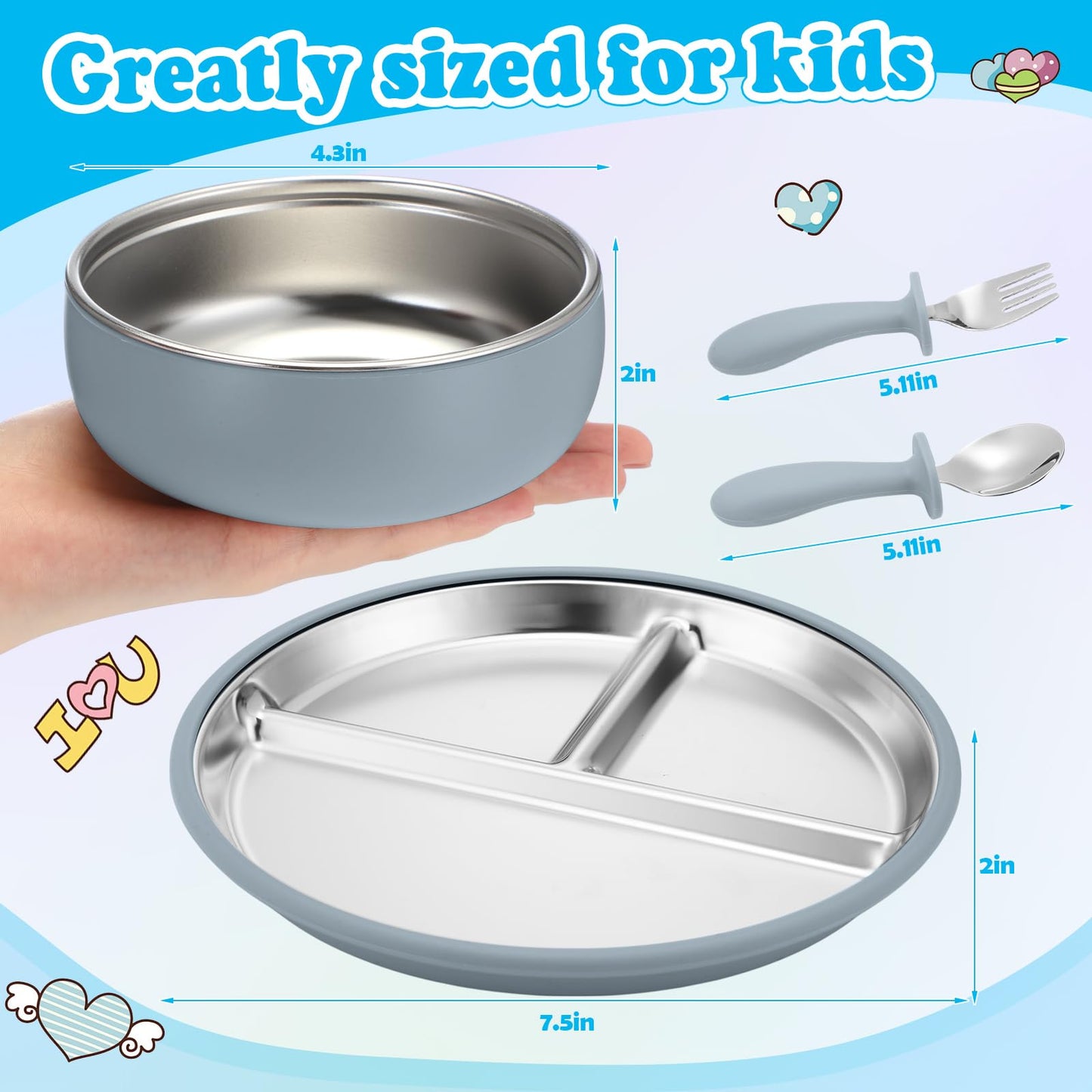 Honeydak 2 Pack Stainless Steel Baby Plates and Bowls with Suction & 2 Pack Spoons and Forks Set Kid Gift Toddler Utensil Baby Feeding Set Divided Plates for Weaning Supplies(Blue,Green)