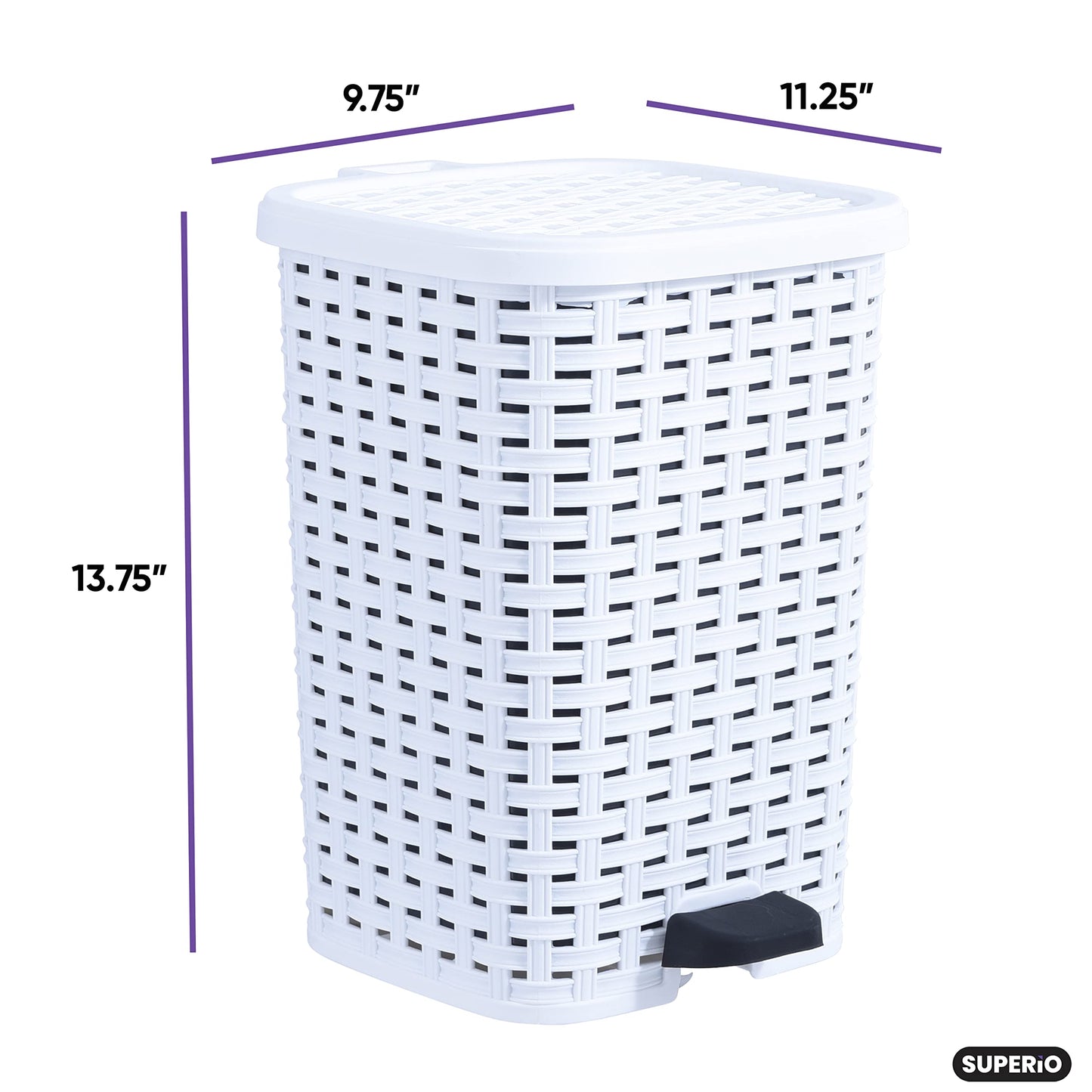 Superio Small Outdoor Trash Can with Lid for Dog Poop 3 Gallon/12 L Mini Plastic Garbage Can with Foot Pedal for Bathroom, Bedroom, Office, Patio, Wicker White, 5 Pack