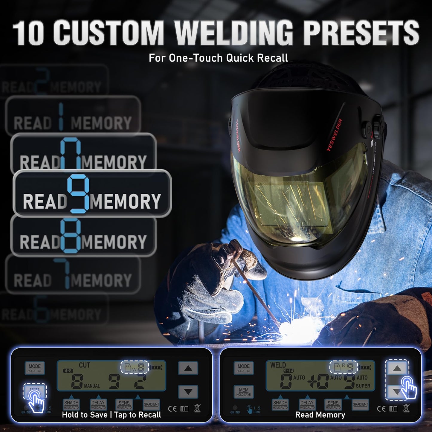 YESWELDER Intelligent Auto-Adjustment Auto-Darkening Welding Helmet, 180° Panoramic View, True Color 1/1/1/1, Internal Digital Display, Wide Shade 3/4-8/9-14, for MIG/TIG/Stick/Tack/Grind/Cut