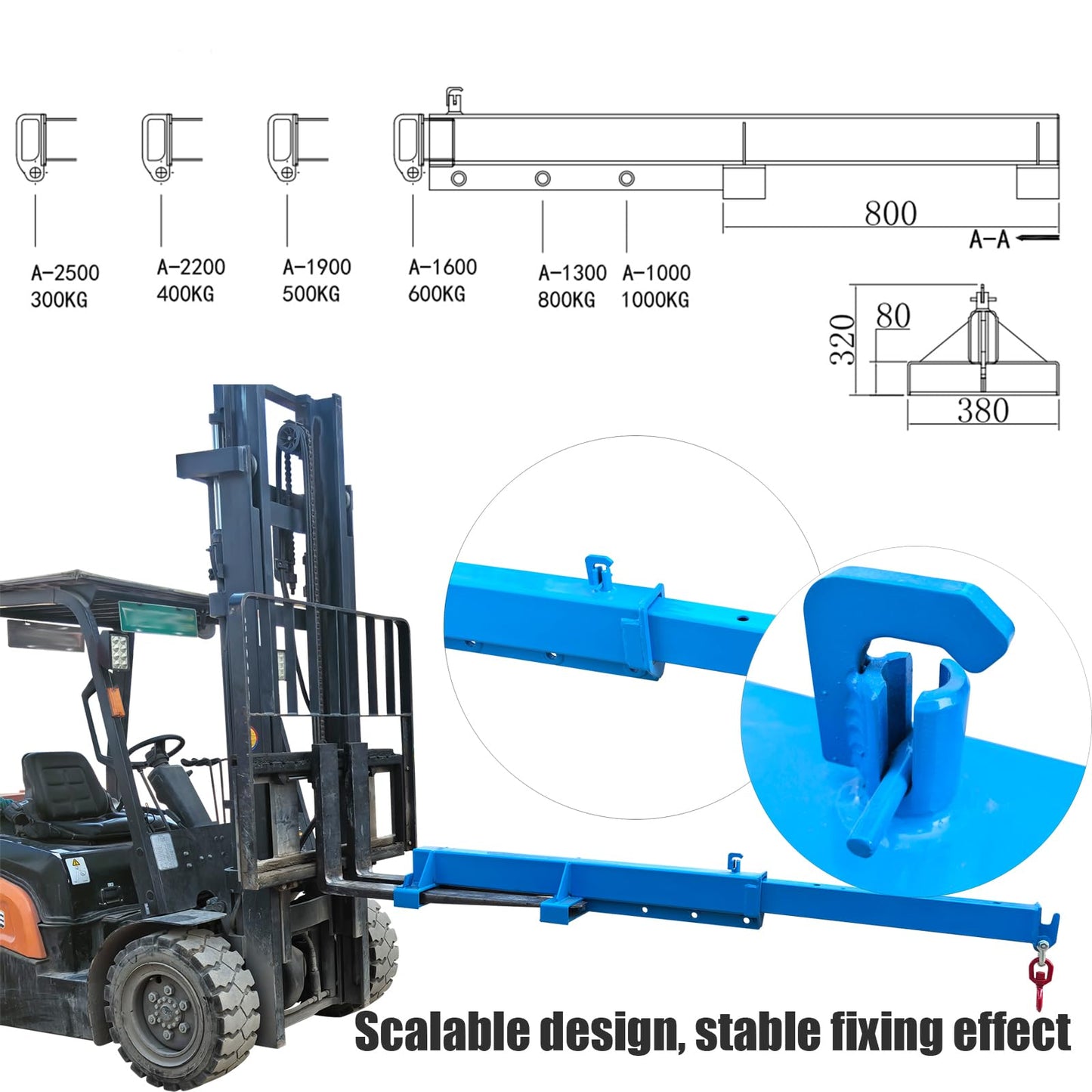 INTSUPERMAI Forklift Mobile Crane 2200lbs/1 Ton Capacity Adjustable Forklift Jib Boom Crane Max 8.2ft/2.5m Telescopic Arm with Truss Hoist Jib Boom and Hook for Warehouses Factories Workshops