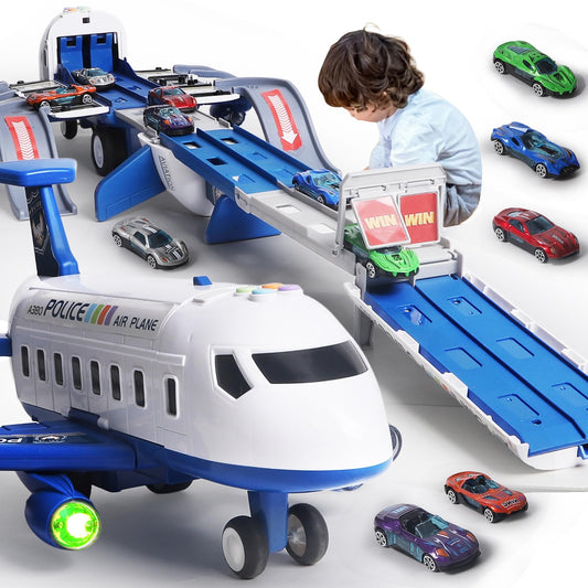 Airplane Toy Race Track Kids Toys, Foldable 4 Layer Toddler Car Track Playset, Toy Plane Transport Car Carrier & 6 Race Cars, Toddlers Toys Birthday Xmas Gifts for Age 3 4 5 6+ Years Old Boys Girls